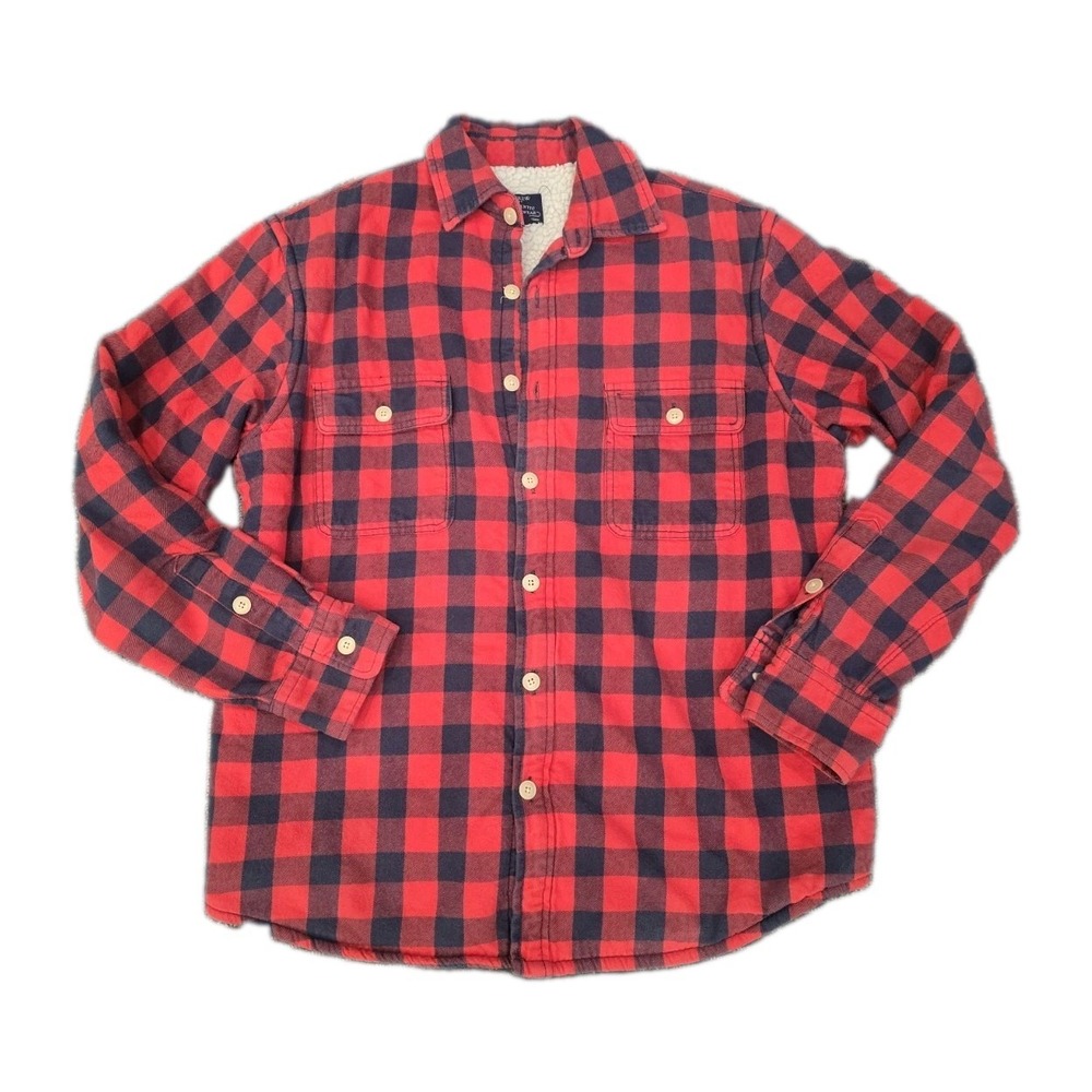 J.Crew Men's Sherpa Lined Flannel Shirt Jacket Buffalo Plaid Red Navy Shacket M